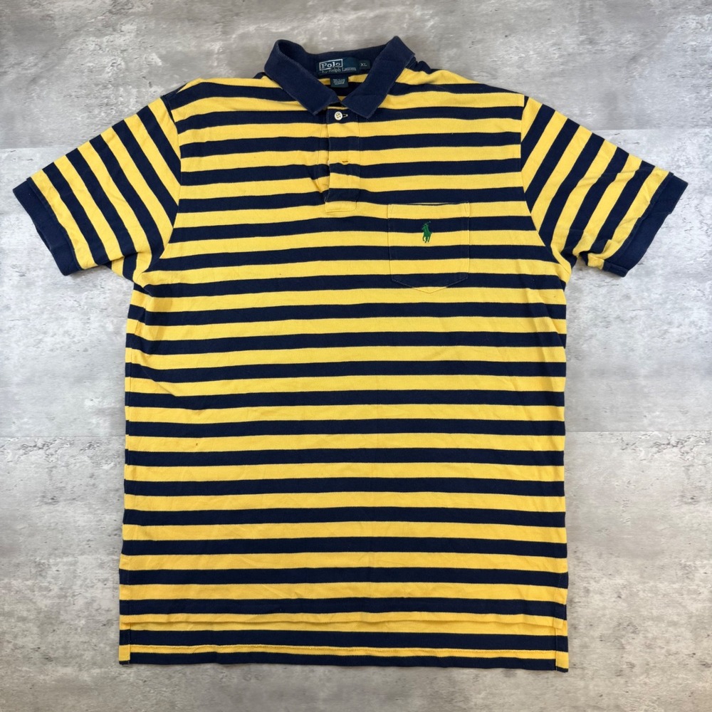 Polo Ralph Lauren Mens XL Striped Polo Shirt Navy Blue Yellow Cotton Pocket Logo